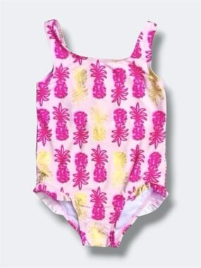 🍄 3/$15 Kiko & Max Swimsuit Girls 12M Pink Pineapple One Piece Bow Back Ruffle